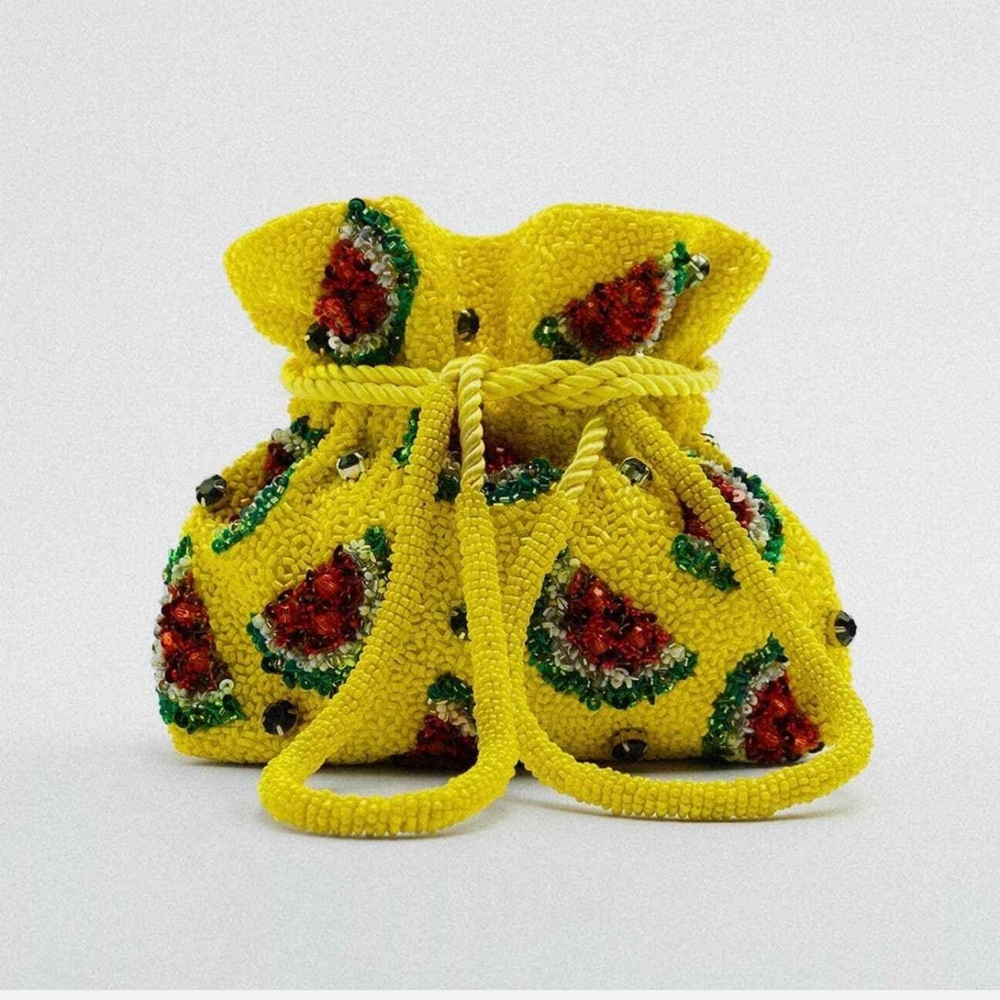 Zara Yellow Beaded Drawstring Bag with Red & Green Embellishments